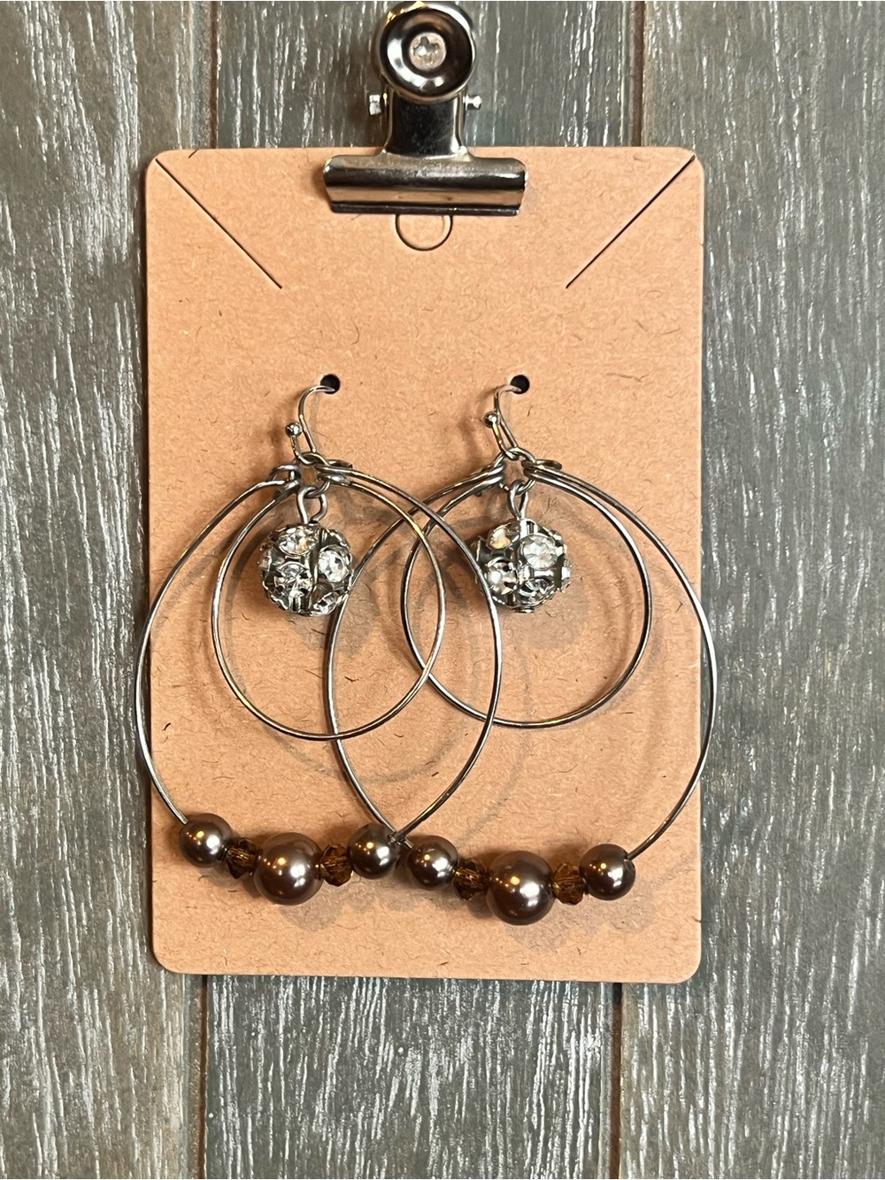 Vintage Silver Hoop Earrings with Brown Pearlescent Beads